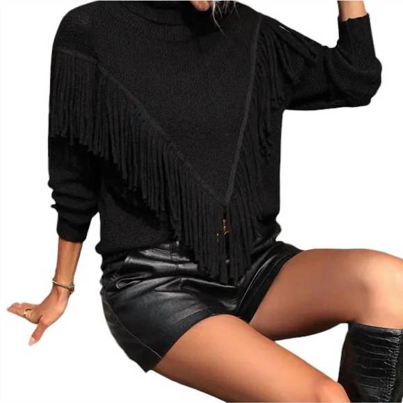 NEW MISS SPARKLING cowgirl fringe turtleneck sweater in black - Picture 2 of 4
